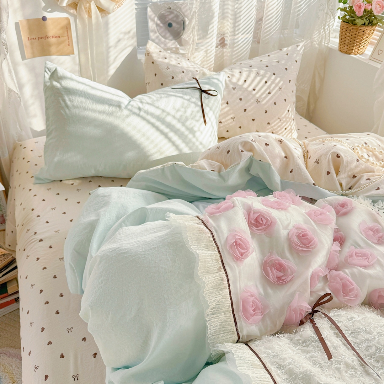 91家纺网 家纺一手货源 找家纺 庭笙 2026新款可爱少女心玫瑰花碎花拼接棉感四件套-花漫里 花漫里-蓝