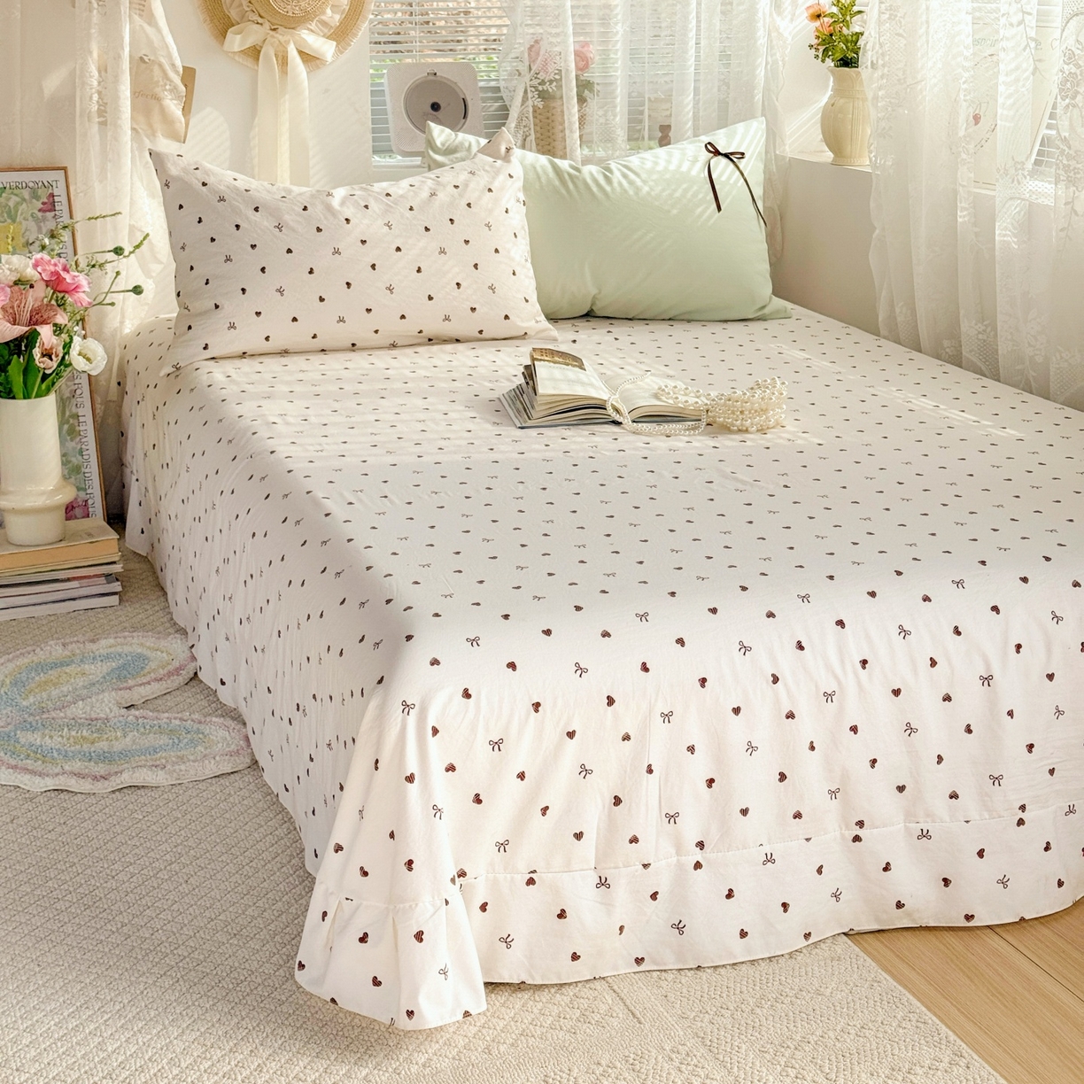 91家纺网 家纺一手货源 找家纺 庭笙 2026新款可爱少女心玫瑰花碎花拼接棉感四件套-花漫里 花漫里-绿