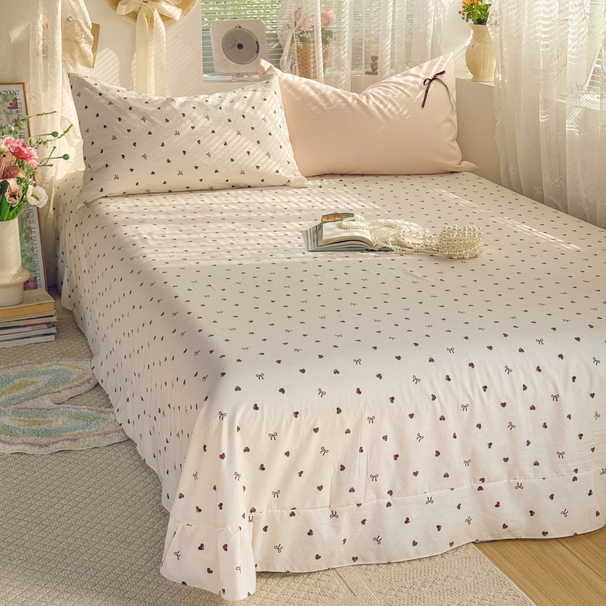 91家纺网 家纺一手货源 找家纺 庭笙 2026新款可爱少女心玫瑰花碎花拼接棉感四件套-花漫里 花漫里-粉