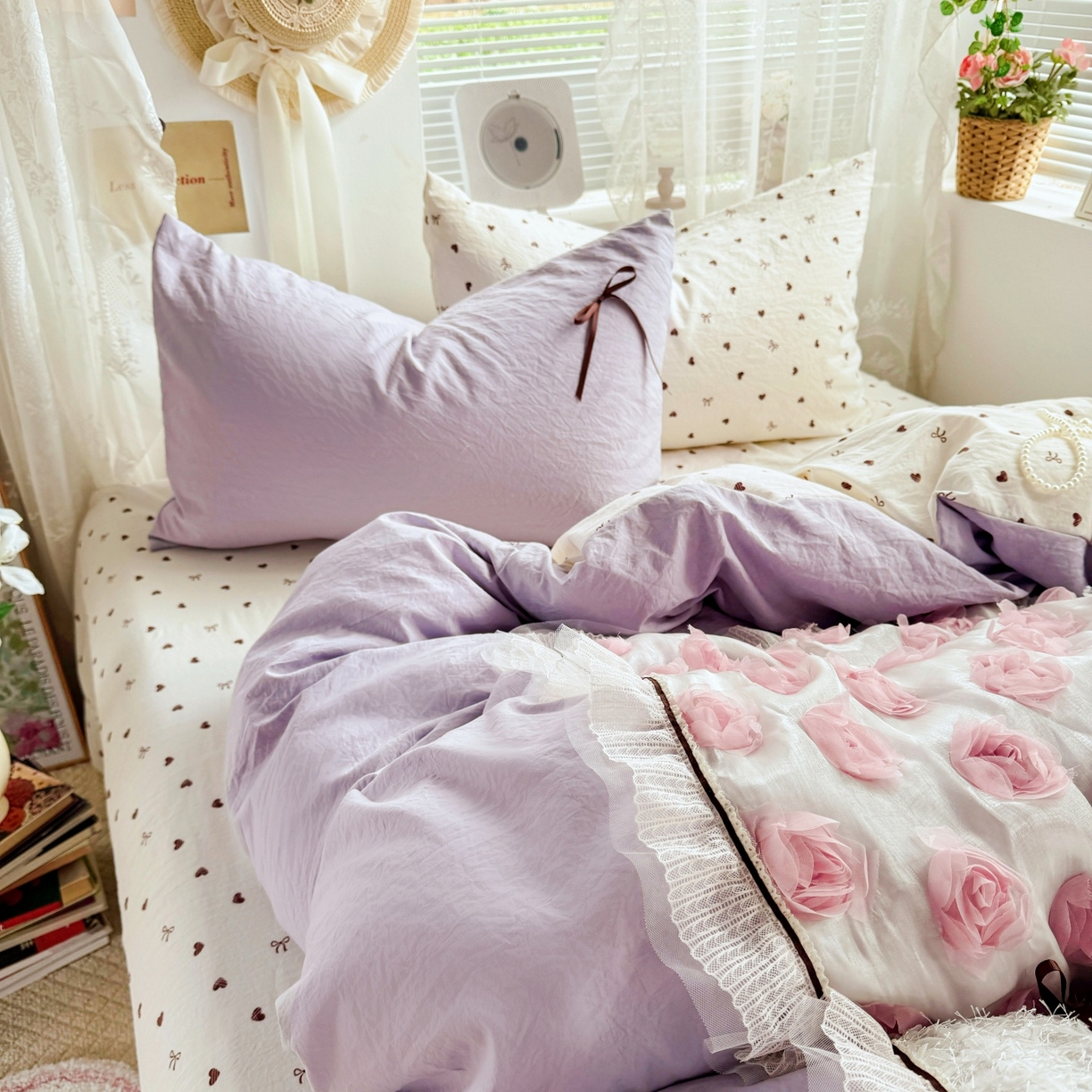 91家纺网 家纺一手货源 找家纺 庭笙 2026新款可爱少女心玫瑰花碎花拼接棉感四件套-花漫里 花漫里-紫