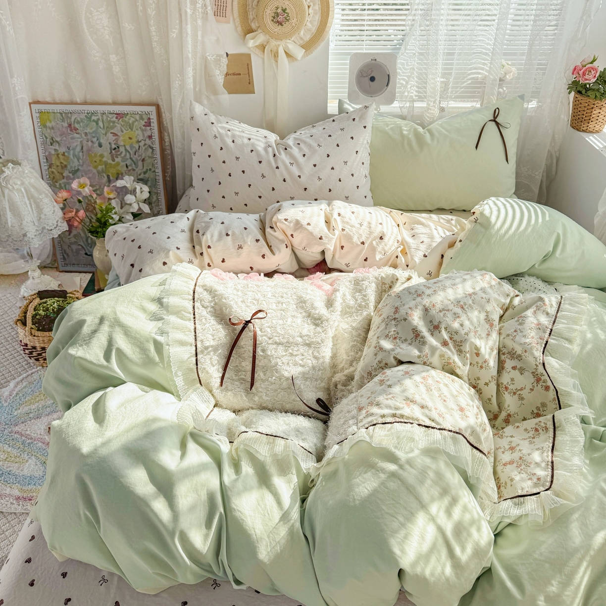 庭笙 2026新款可爱少女心玫瑰花碎花拼接棉感四件套-花漫里 花漫里-绿