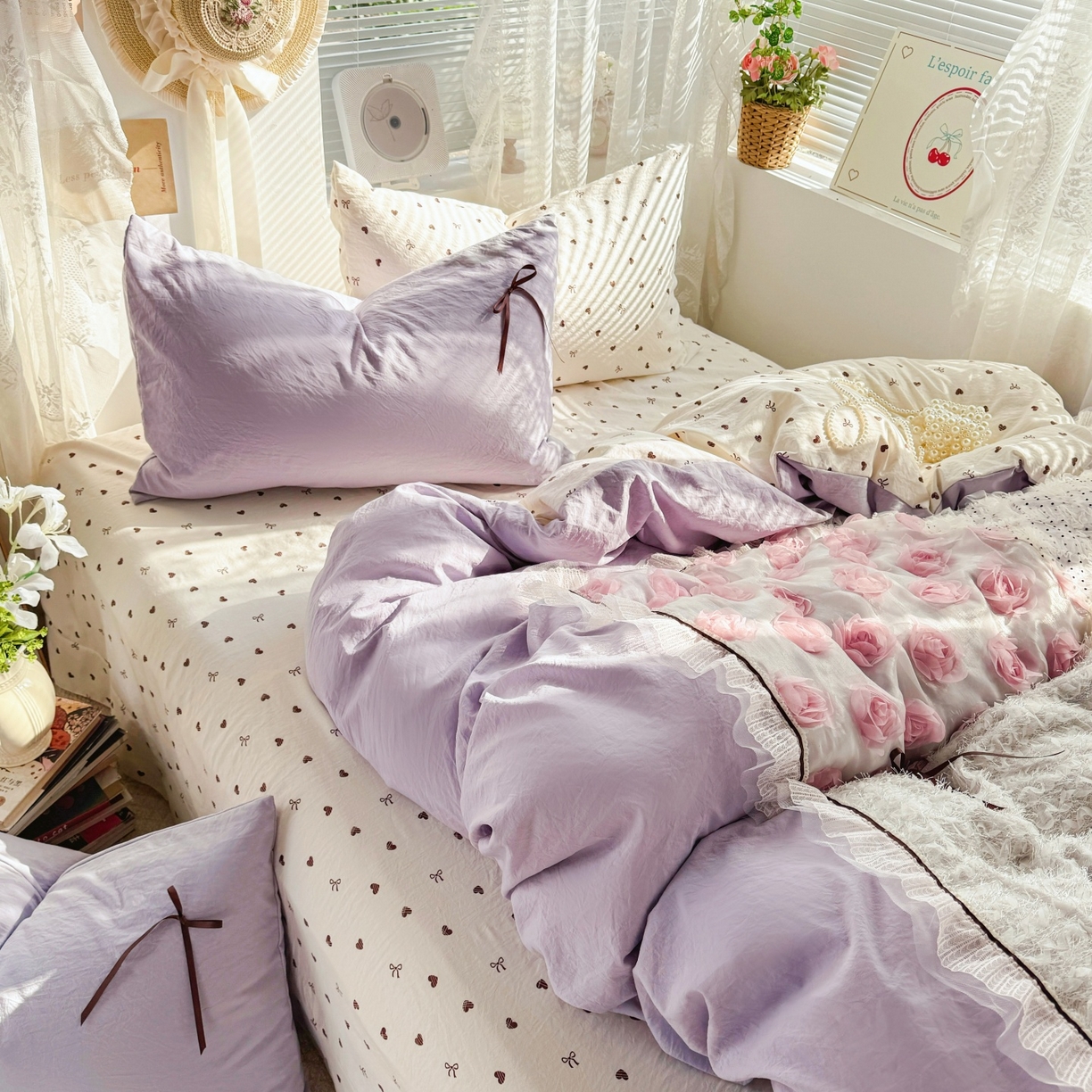 91家纺网 家纺一手货源 找家纺 庭笙 2026新款可爱少女心玫瑰花碎花拼接棉感四件套-花漫里 花漫里-紫