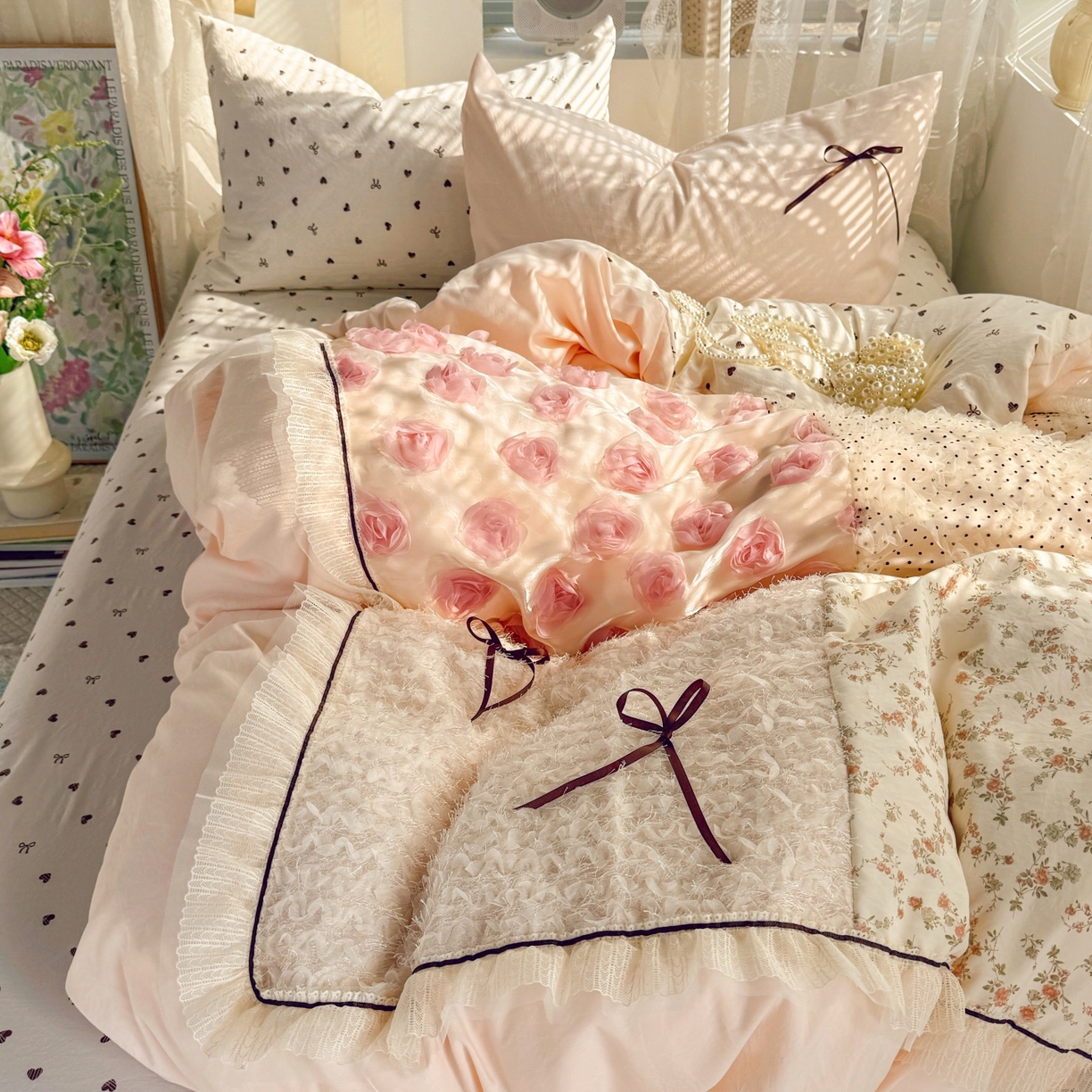 91家纺网 家纺一手货源 找家纺 庭笙 2026新款可爱少女心玫瑰花碎花拼接棉感四件套-花漫里 花漫里-粉