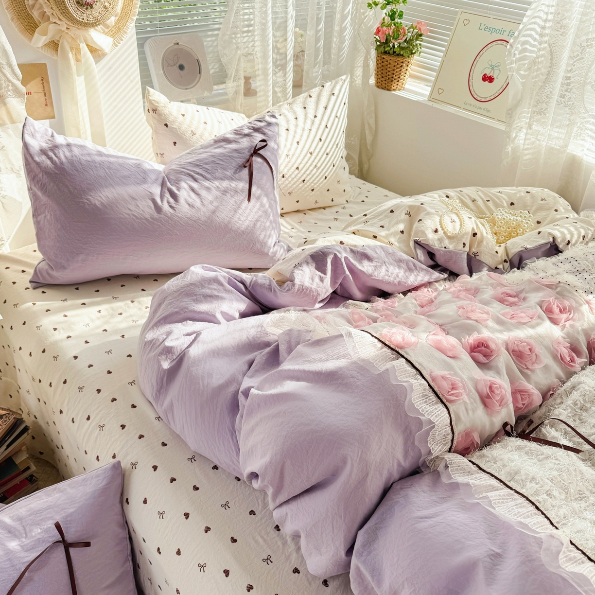 91家纺网 家纺一手货源 找家纺 庭笙 2026新款可爱少女心玫瑰花碎花拼接棉感四件套-花漫里 花漫里-紫