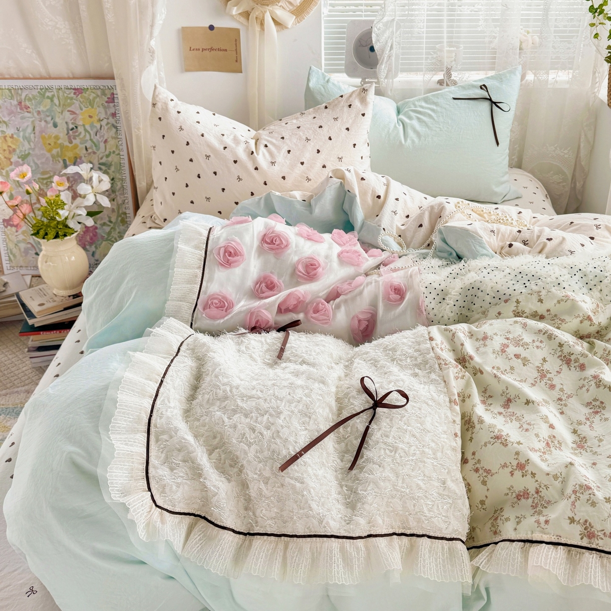 91家纺网 家纺一手货源 找家纺 庭笙 2026新款可爱少女心玫瑰花碎花拼接棉感四件套-花漫里 花漫里-蓝