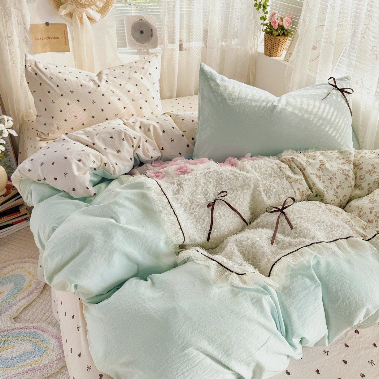 91家纺网 家纺一手货源 找家纺 庭笙 2026新款可爱少女心玫瑰花碎花拼接棉感四件套-花漫里 花漫里-蓝