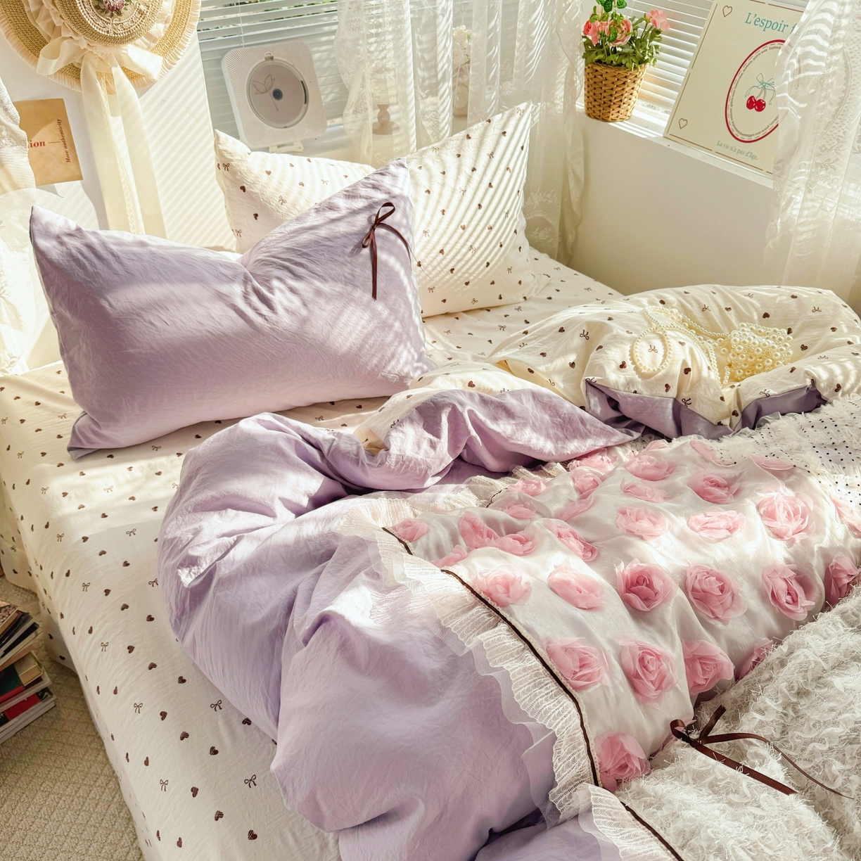 91家纺网 家纺一手货源 找家纺 庭笙 2026新款可爱少女心玫瑰花碎花拼接棉感四件套-花漫里 花漫里-紫
