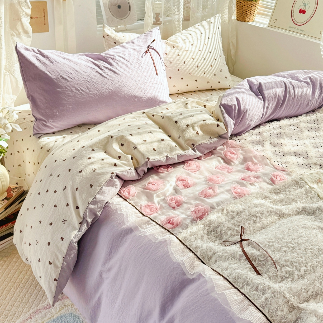 91家纺网 家纺一手货源 找家纺 庭笙 2026新款可爱少女心玫瑰花碎花拼接棉感四件套-花漫里 花漫里-紫
