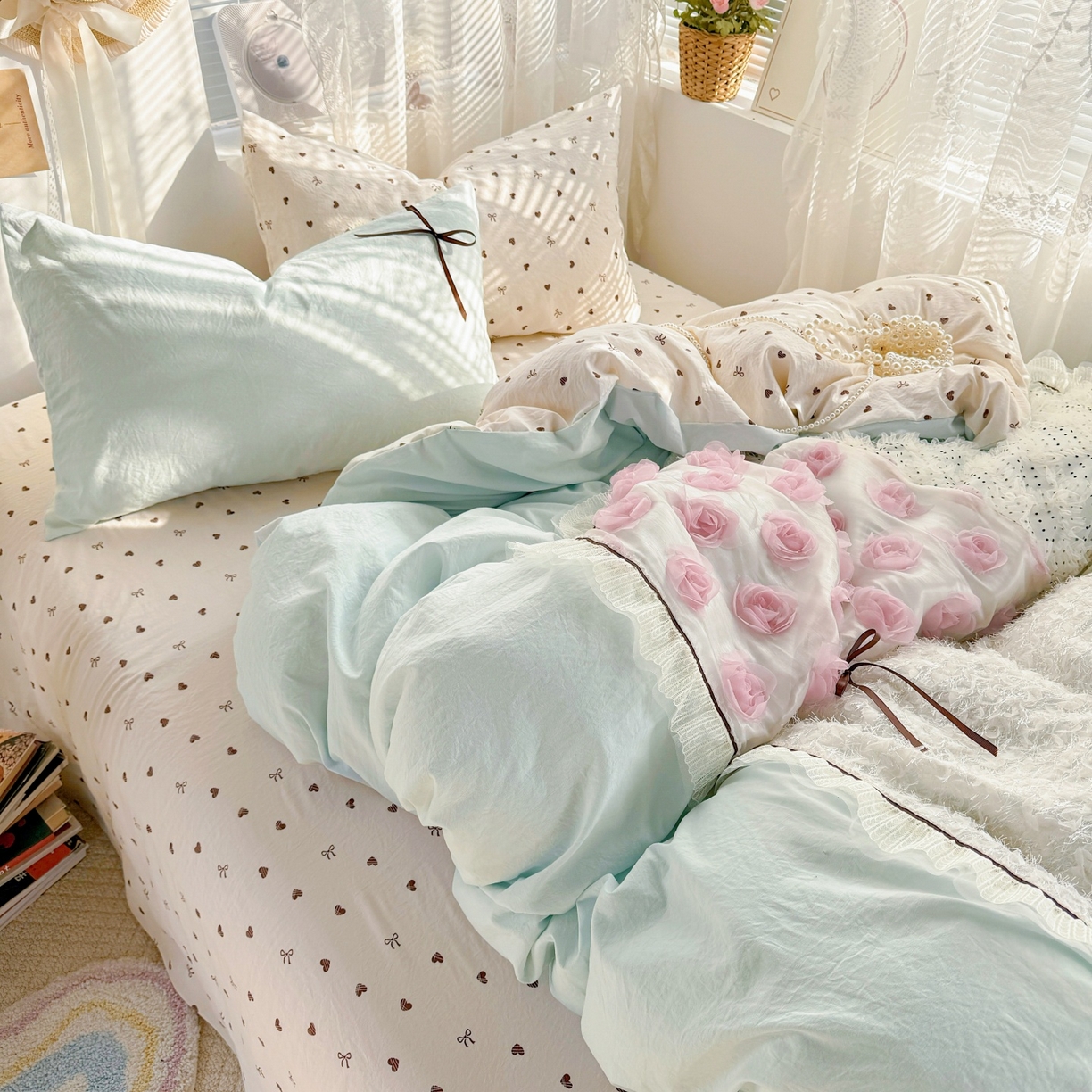 91家纺网 家纺一手货源 找家纺 庭笙 2026新款可爱少女心玫瑰花碎花拼接棉感四件套-花漫里 花漫里-蓝