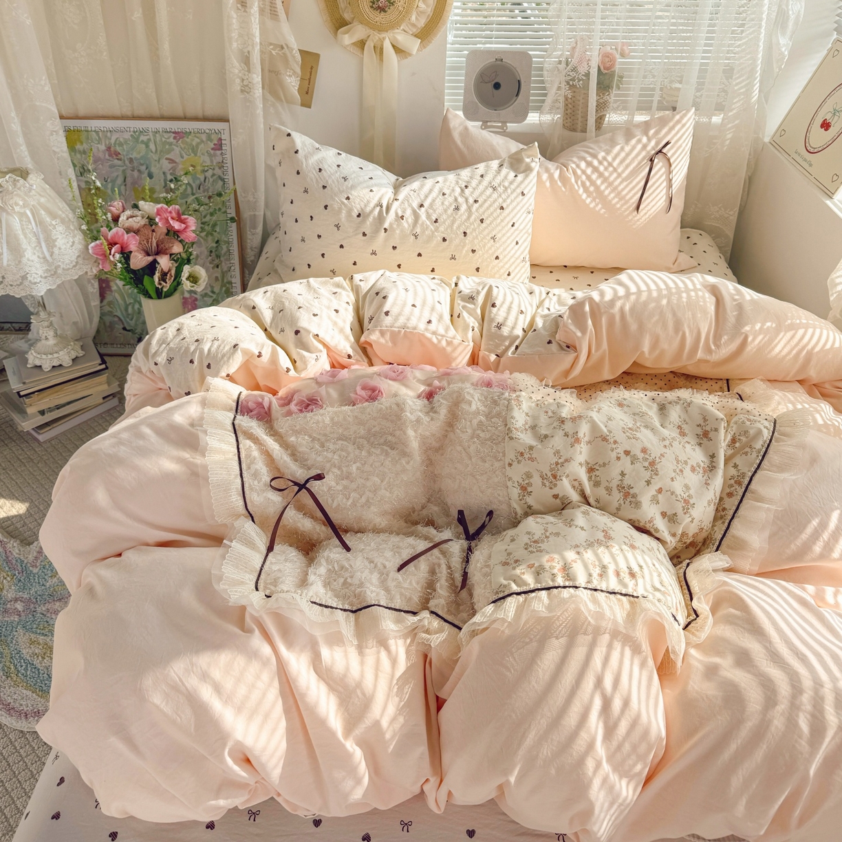 庭笙 2026新款可爱少女心玫瑰花碎花拼接棉感四件套-花漫里 花漫里-粉