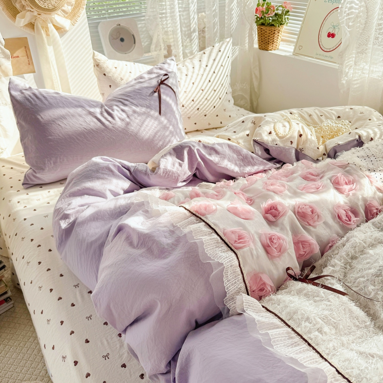 91家纺网 家纺一手货源 找家纺 庭笙 2026新款可爱少女心玫瑰花碎花拼接棉感四件套-花漫里 花漫里-紫