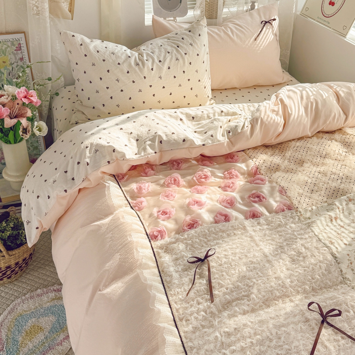 91家纺网 家纺一手货源 找家纺 庭笙 2026新款可爱少女心玫瑰花碎花拼接棉感四件套-花漫里 花漫里-粉