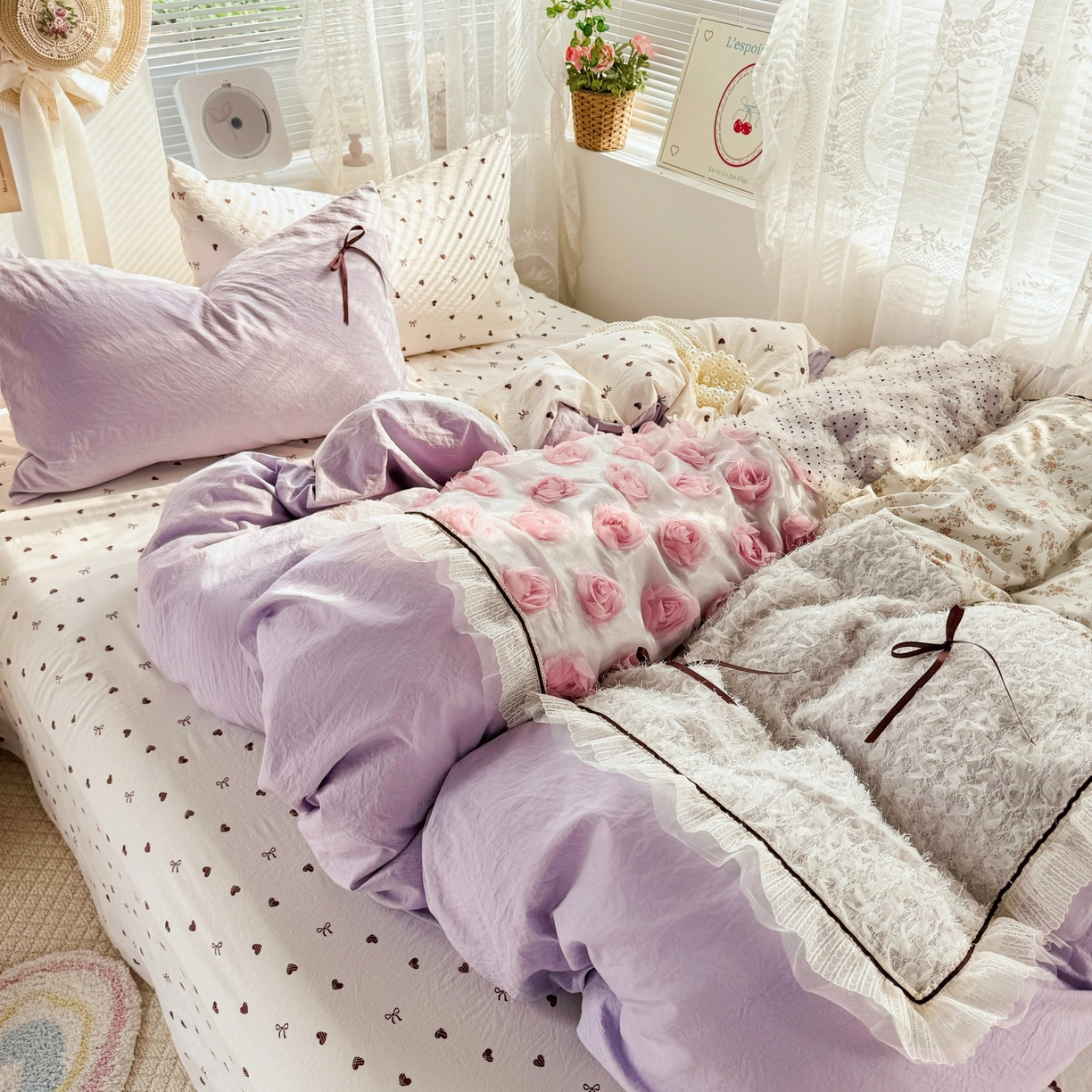 91家纺网 家纺一手货源 找家纺 庭笙 2026新款可爱少女心玫瑰花碎花拼接棉感四件套-花漫里 花漫里-紫