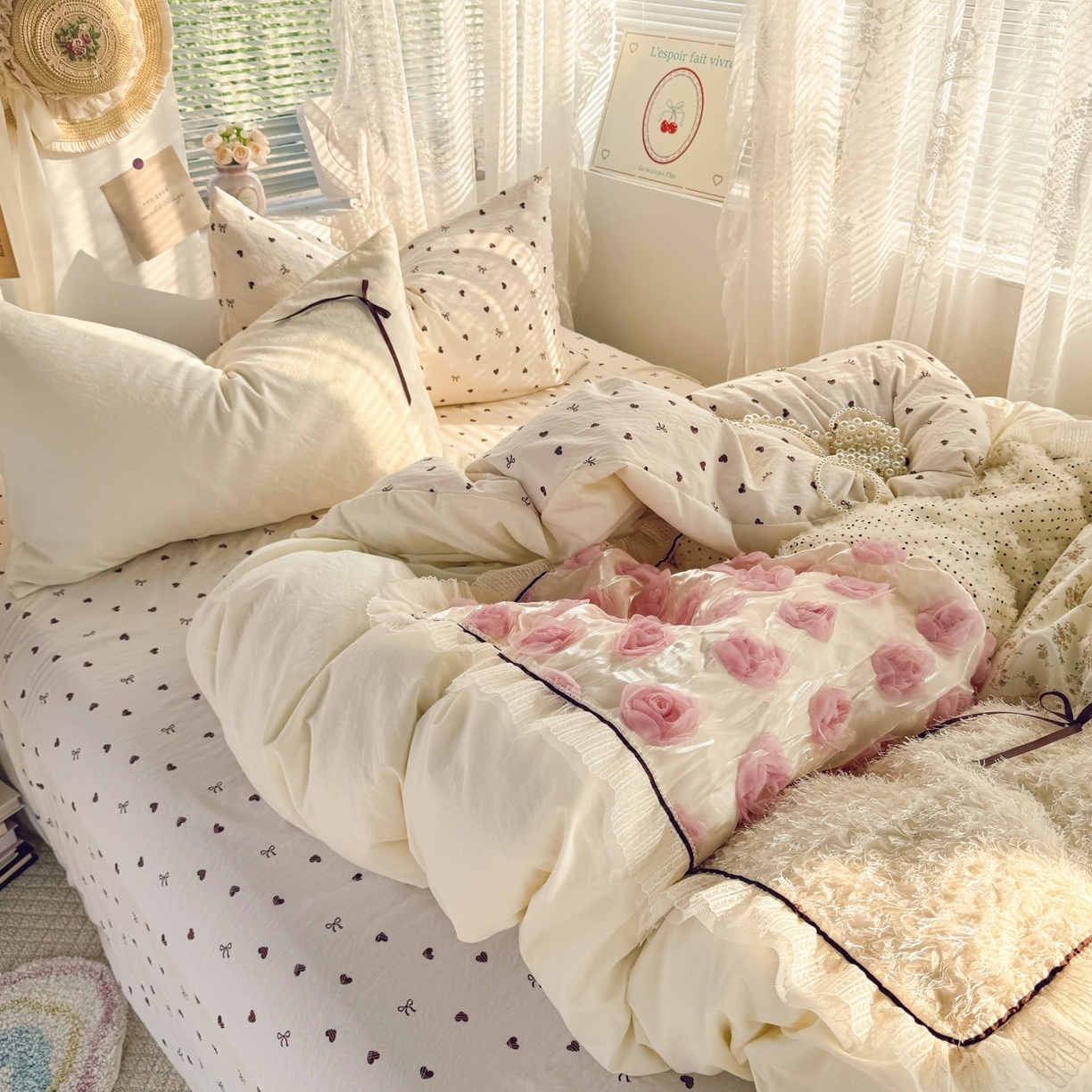 91家纺网 家纺一手货源 找家纺 庭笙 2026新款可爱少女心玫瑰花碎花拼接棉感四件套-花漫里 花漫里-米