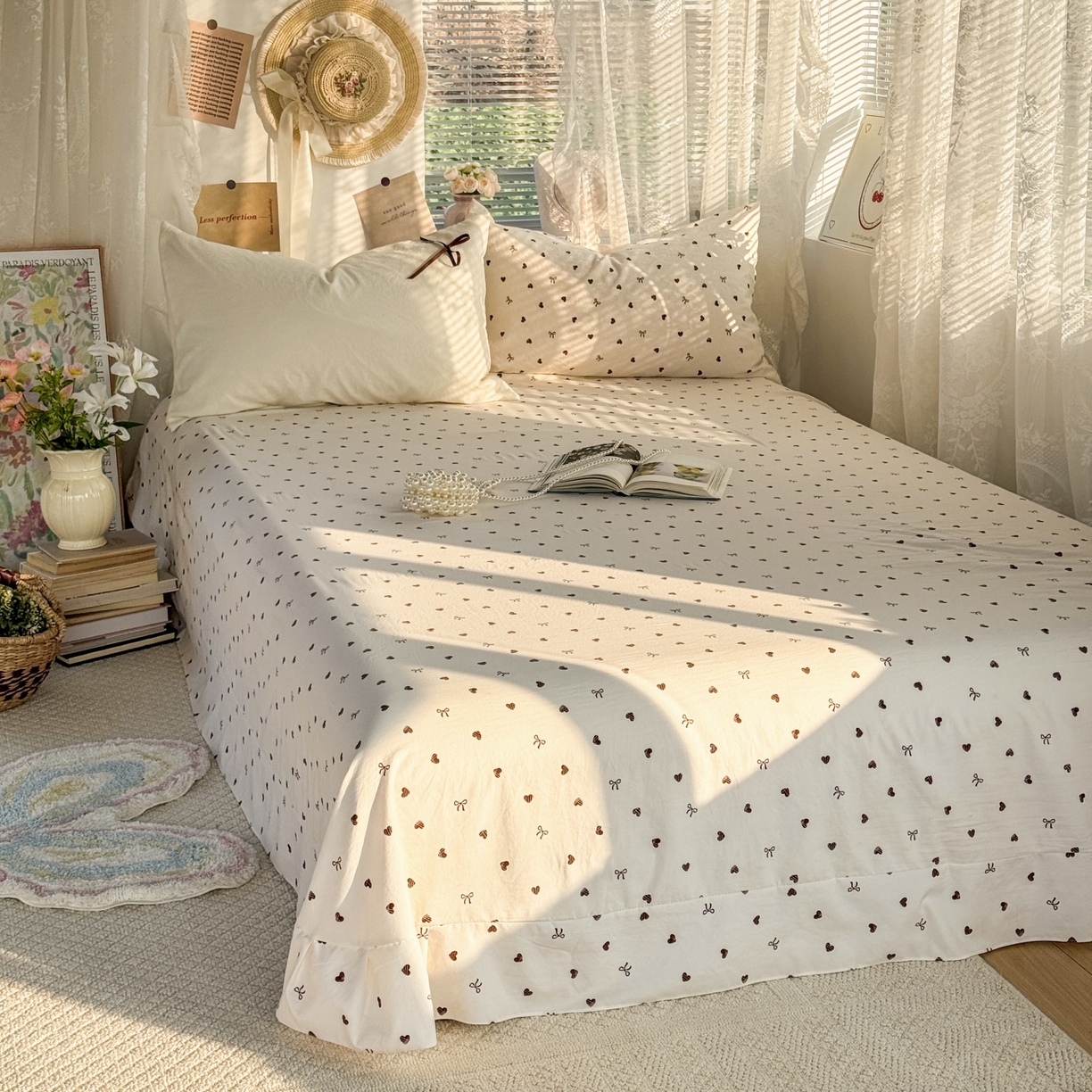 91家纺网 家纺一手货源 找家纺 庭笙 2026新款可爱少女心玫瑰花碎花拼接棉感四件套-花漫里 花漫里-米