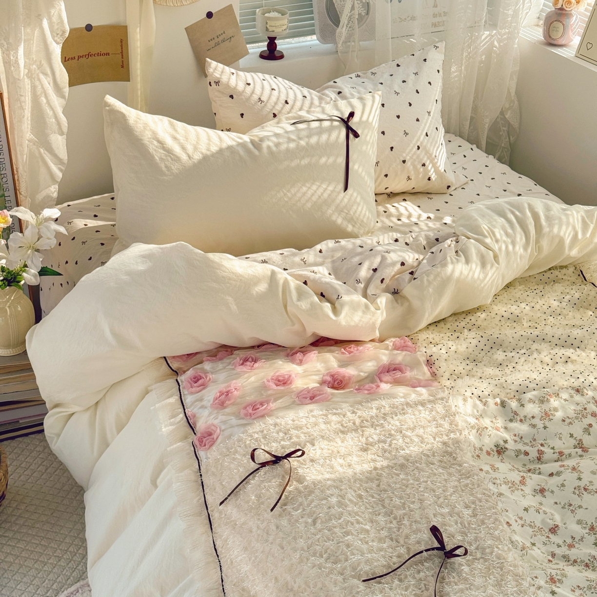 91家纺网 家纺一手货源 找家纺 庭笙 2026新款可爱少女心玫瑰花碎花拼接棉感四件套-花漫里 花漫里-米