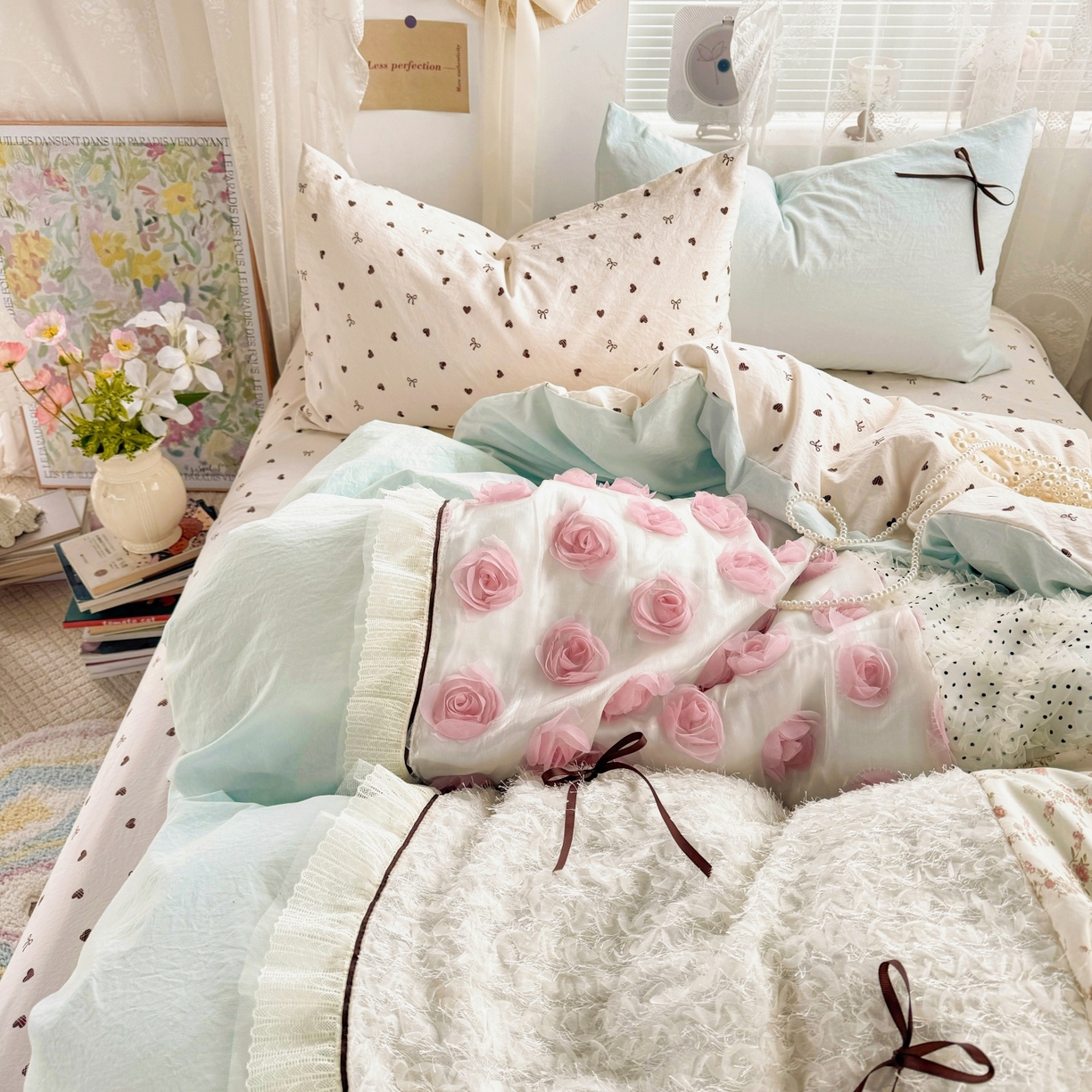 91家纺网 家纺一手货源 找家纺 庭笙 2026新款可爱少女心玫瑰花碎花拼接棉感四件套-花漫里 花漫里-蓝