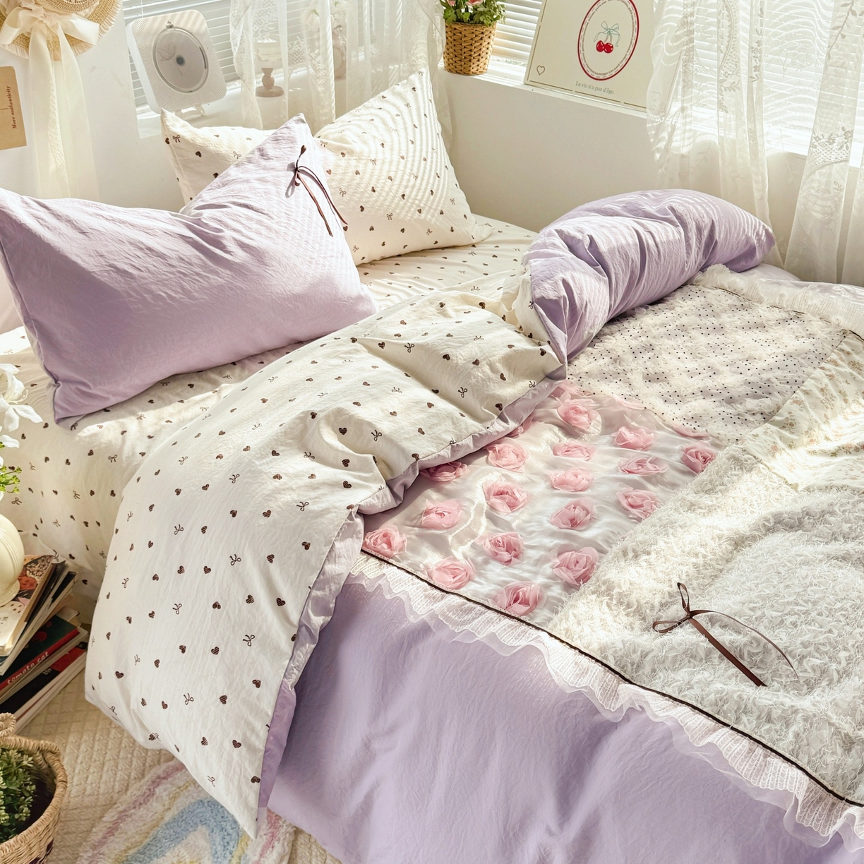 91家纺网 家纺一手货源 找家纺 庭笙 2026新款可爱少女心玫瑰花碎花拼接棉感四件套-花漫里 花漫里-紫