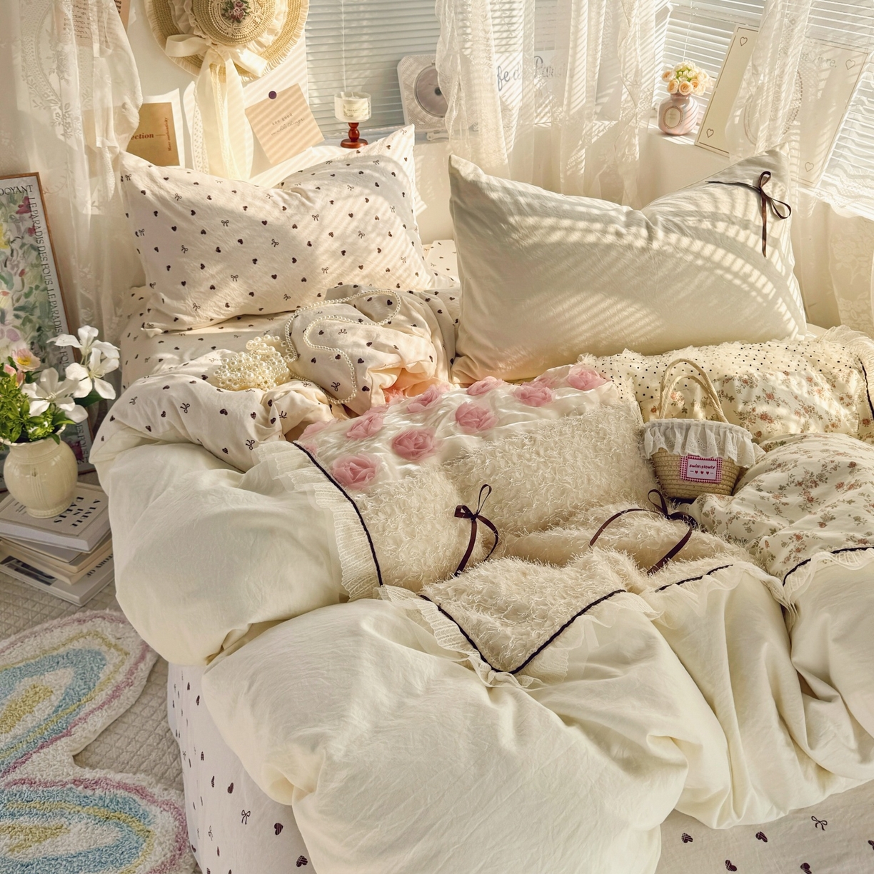 91家纺网 家纺一手货源 找家纺 庭笙 2026新款可爱少女心玫瑰花碎花拼接棉感四件套-花漫里 花漫里-米