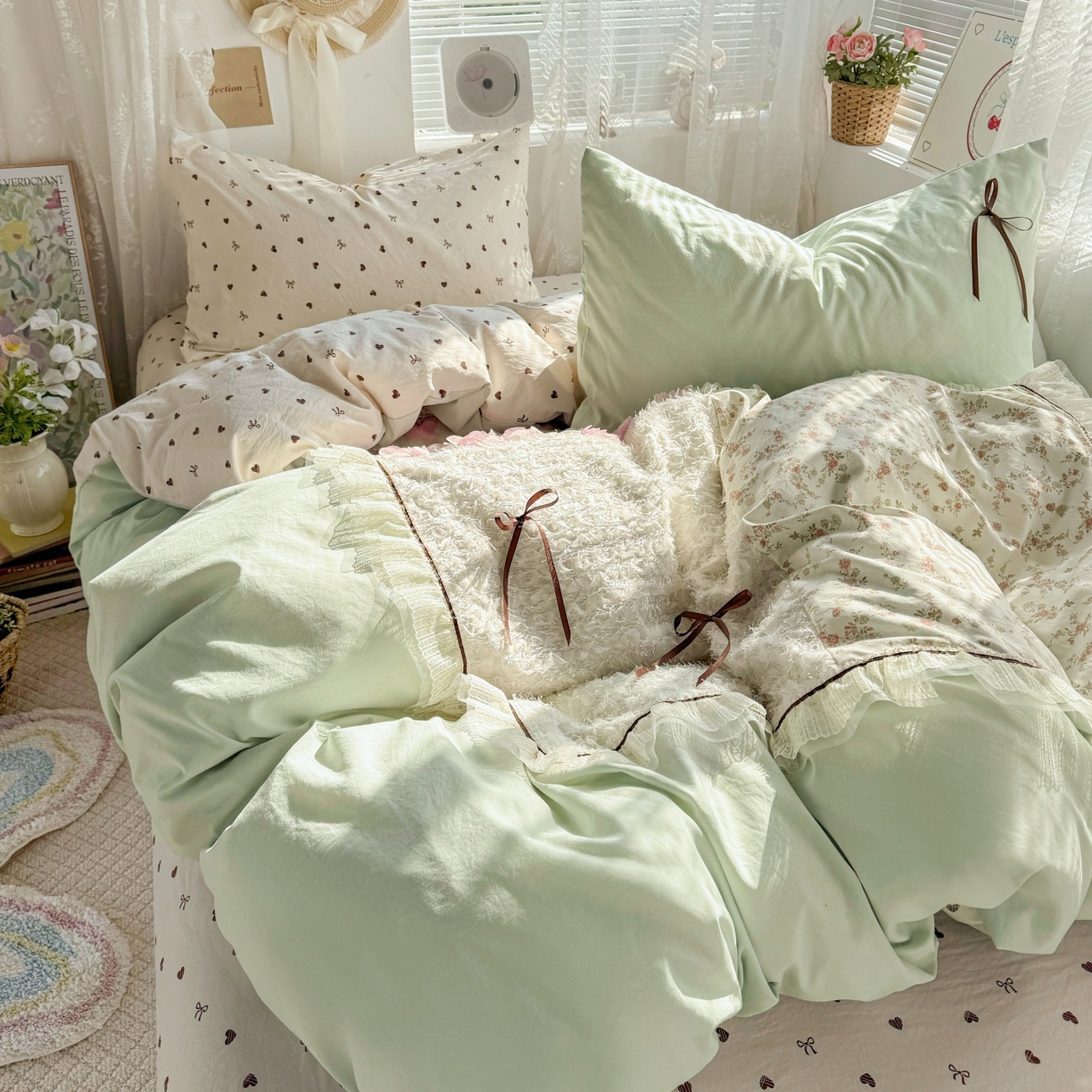 91家纺网 家纺一手货源 找家纺 庭笙 2026新款可爱少女心玫瑰花碎花拼接棉感四件套-花漫里 花漫里-绿