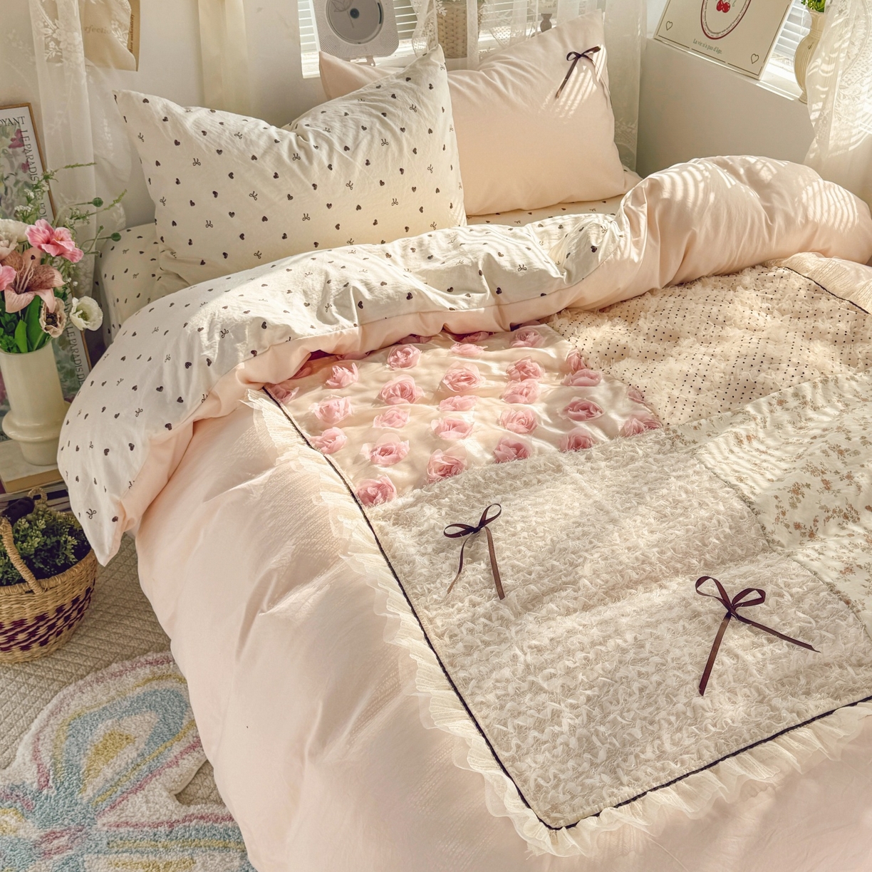 91家纺网 家纺一手货源 找家纺 庭笙 2026新款可爱少女心玫瑰花碎花拼接棉感四件套-花漫里 花漫里-粉