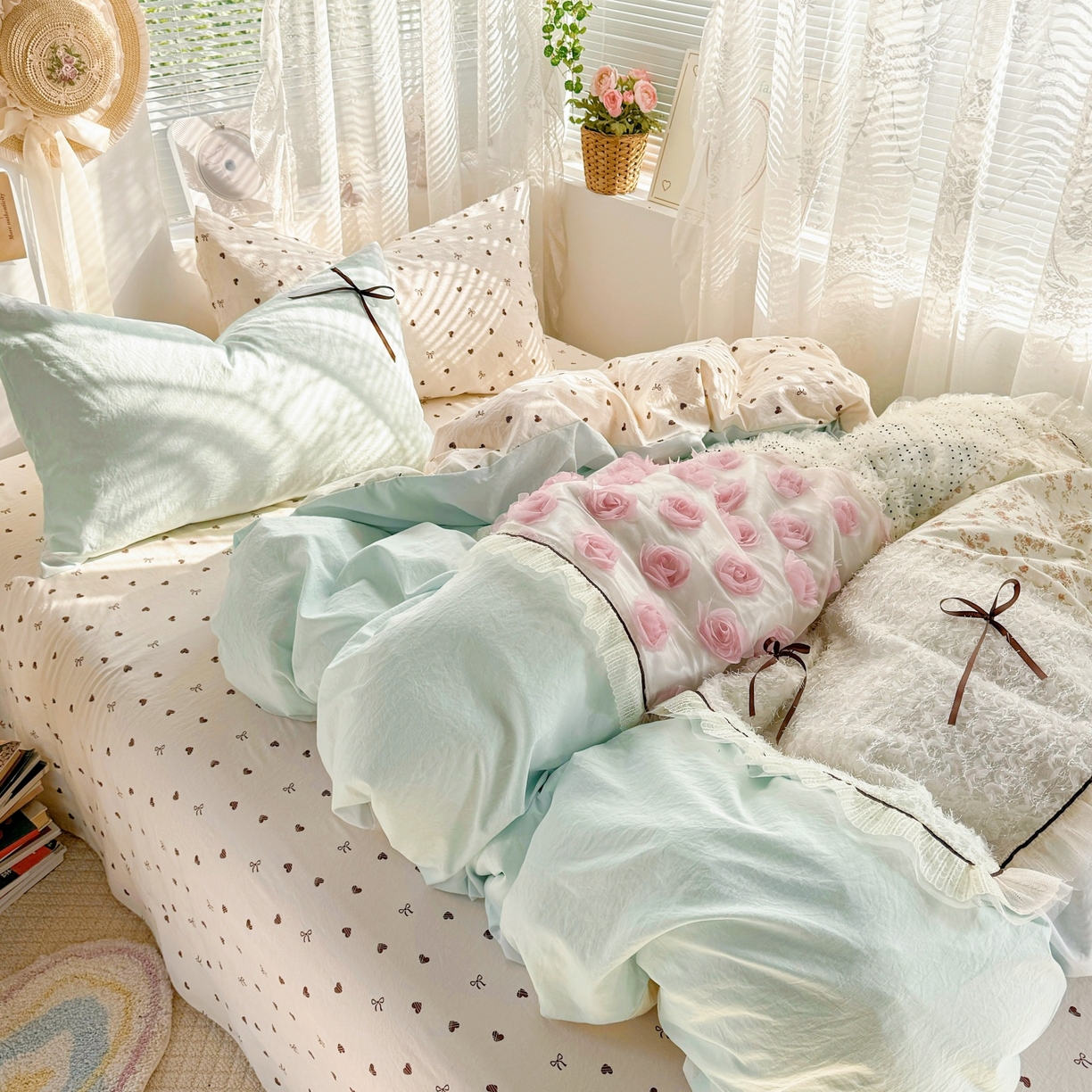 91家纺网 家纺一手货源 找家纺 庭笙 2026新款可爱少女心玫瑰花碎花拼接棉感四件套-花漫里 花漫里-蓝