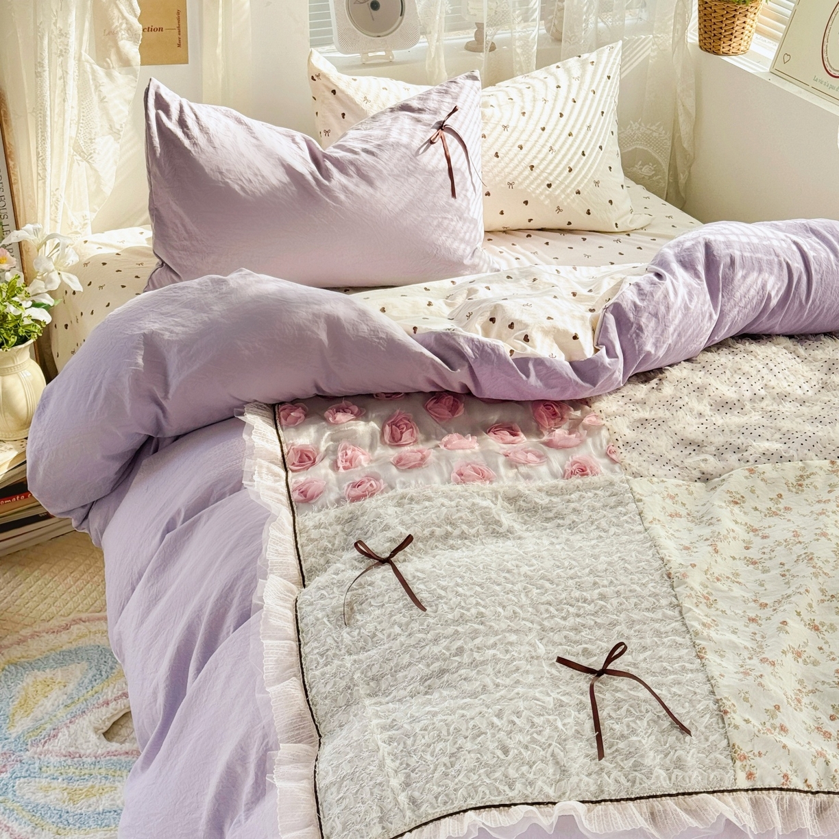 91家纺网 家纺一手货源 找家纺 庭笙 2026新款可爱少女心玫瑰花碎花拼接棉感四件套-花漫里 花漫里-紫