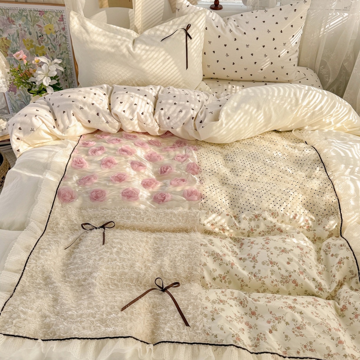 91家纺网 家纺一手货源 找家纺 庭笙 2026新款可爱少女心玫瑰花碎花拼接棉感四件套-花漫里 花漫里-米