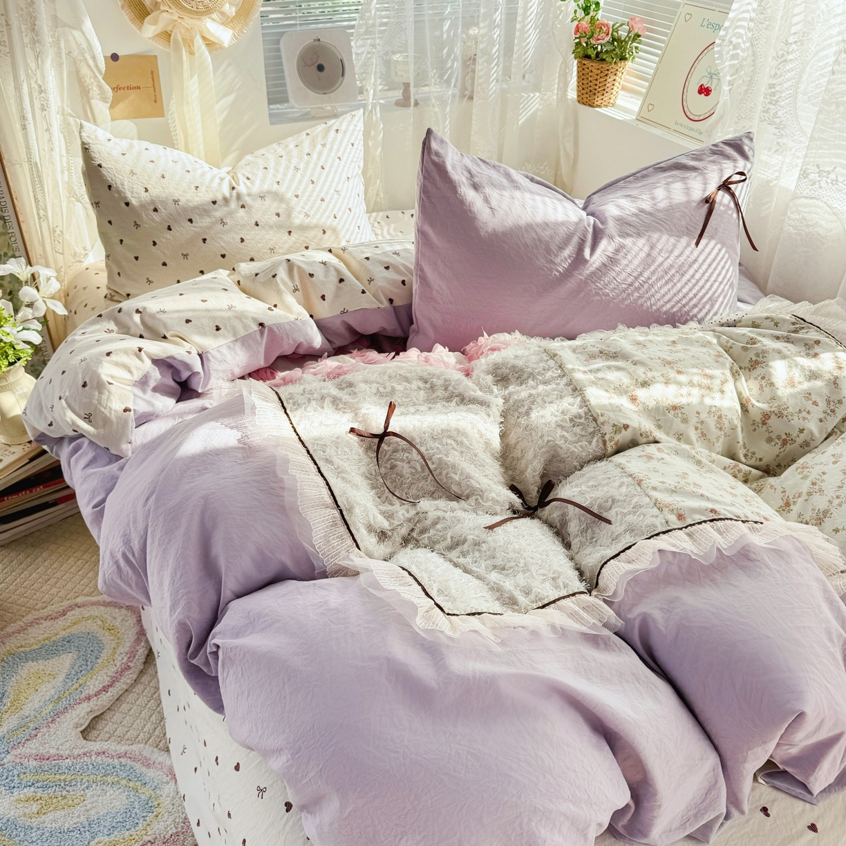 91家纺网 家纺一手货源 找家纺 庭笙 2026新款可爱少女心玫瑰花碎花拼接棉感四件套-花漫里 花漫里-紫