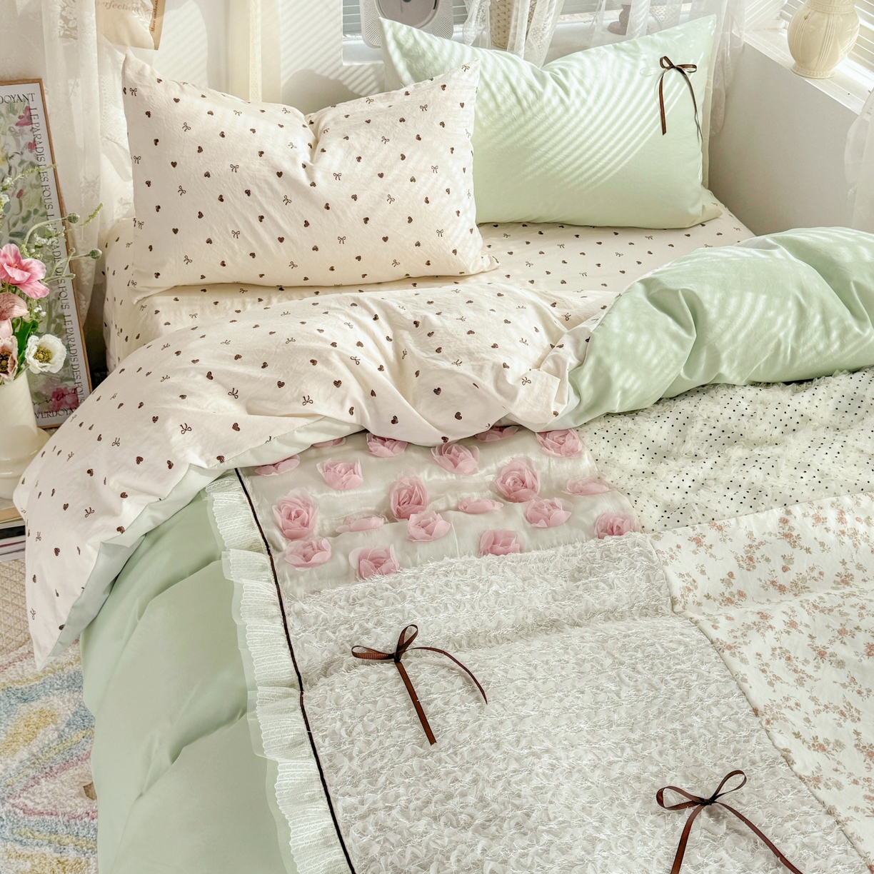 91家纺网 家纺一手货源 找家纺 庭笙 2026新款可爱少女心玫瑰花碎花拼接棉感四件套-花漫里 花漫里-绿