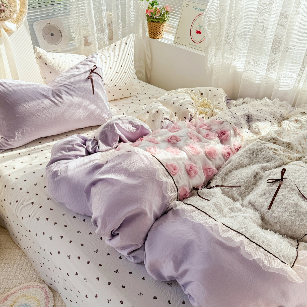91家纺网 家纺一手货源 找家纺 庭笙 2026新款可爱少女心玫瑰花碎花拼接棉感四件套-花漫里 花漫里-紫