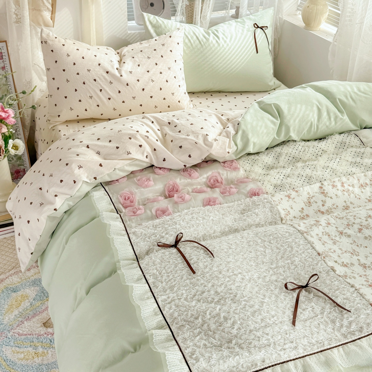 91家纺网 家纺一手货源 找家纺 庭笙 2026新款可爱少女心玫瑰花碎花拼接棉感四件套-花漫里 花漫里-绿