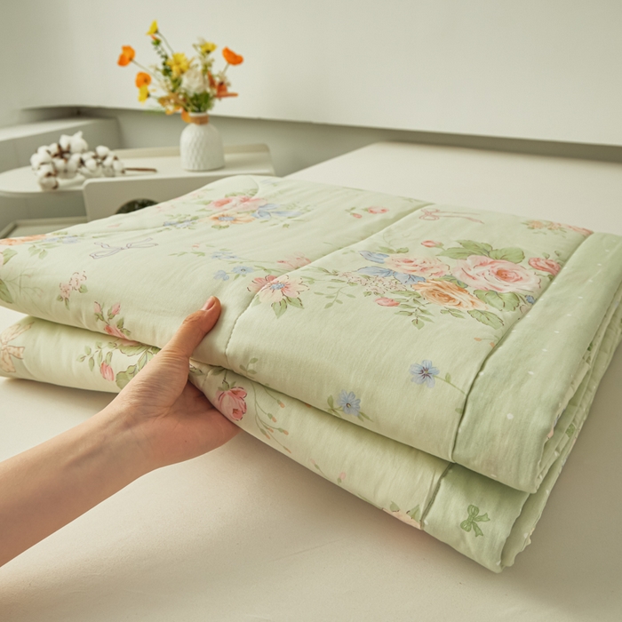 91家纺网 家纺一手货源 找家纺 尊妙被业 2026新款小清新花卉里外全棉纯棉棉花被夏被夏凉被空调被 恋夏花开-绿