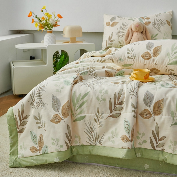 91家纺网 家纺一手货源 找家纺 尊妙被业 2026新款小清新花卉里外全棉纯棉棉花被夏被夏凉被空调被 叶语轻喃-绿