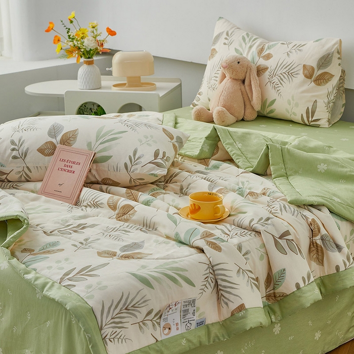 91家纺网 家纺一手货源 找家纺 尊妙被业 2026新款小清新花卉里外全棉纯棉棉花被夏被夏凉被空调被 叶语轻喃-绿