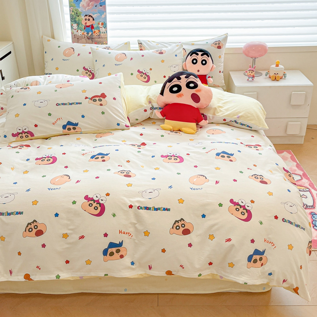 91家纺网 家纺一手货源 找家纺 暮思家居 2026新款正版授权蜡笔小新全棉纯棉四件套系列 派对小新