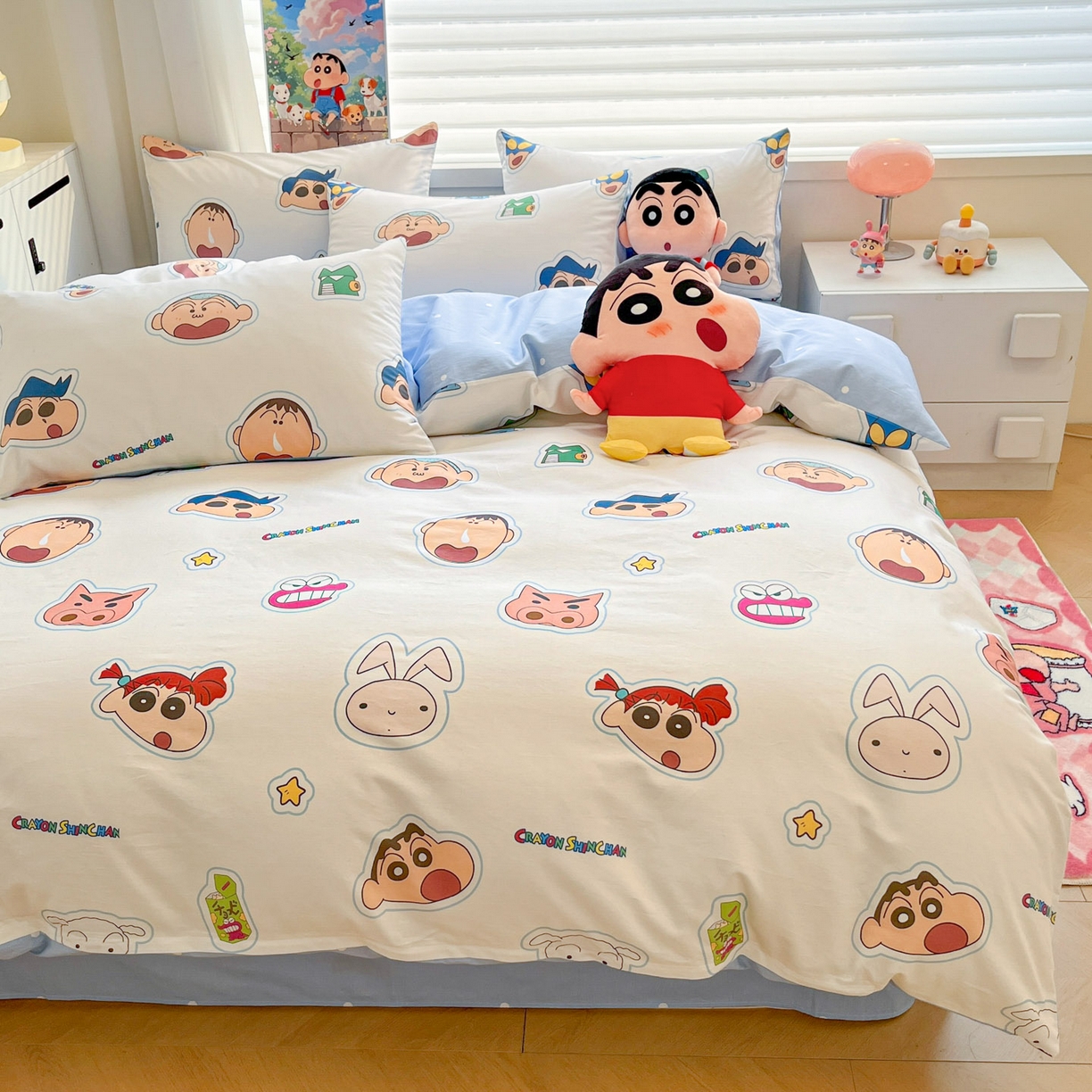 91家纺网 家纺一手货源 找家纺 暮思家居 2026新款正版授权蜡笔小新全棉纯棉四件套系列 趣味小新