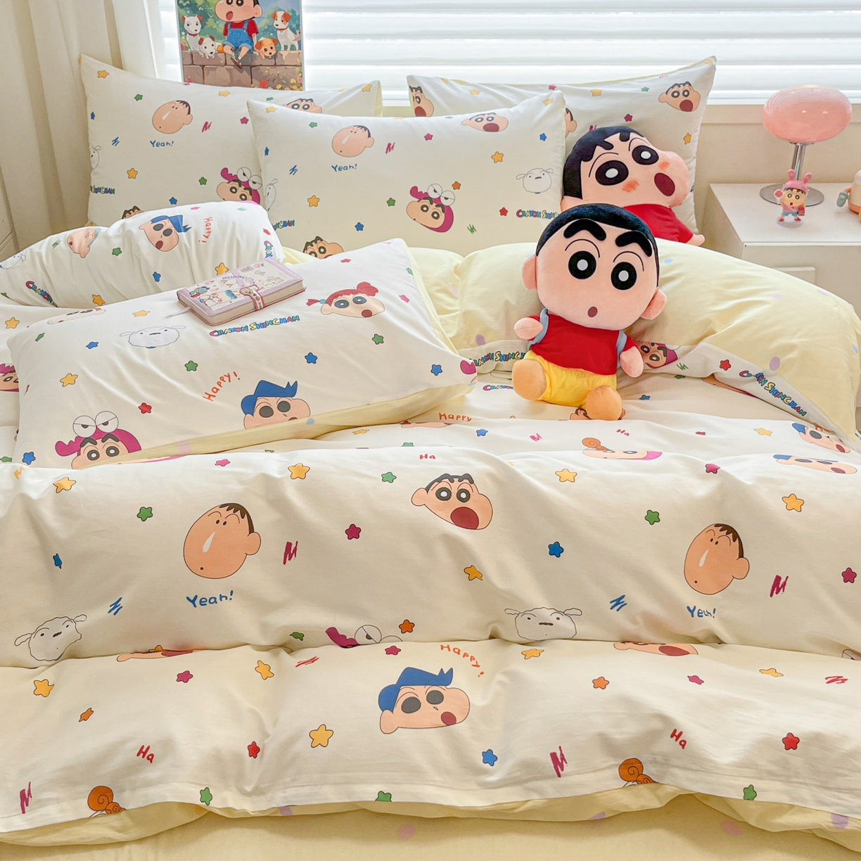 91家纺网 家纺一手货源 找家纺 暮思家居 2026新款正版授权蜡笔小新全棉纯棉四件套系列 派对小新