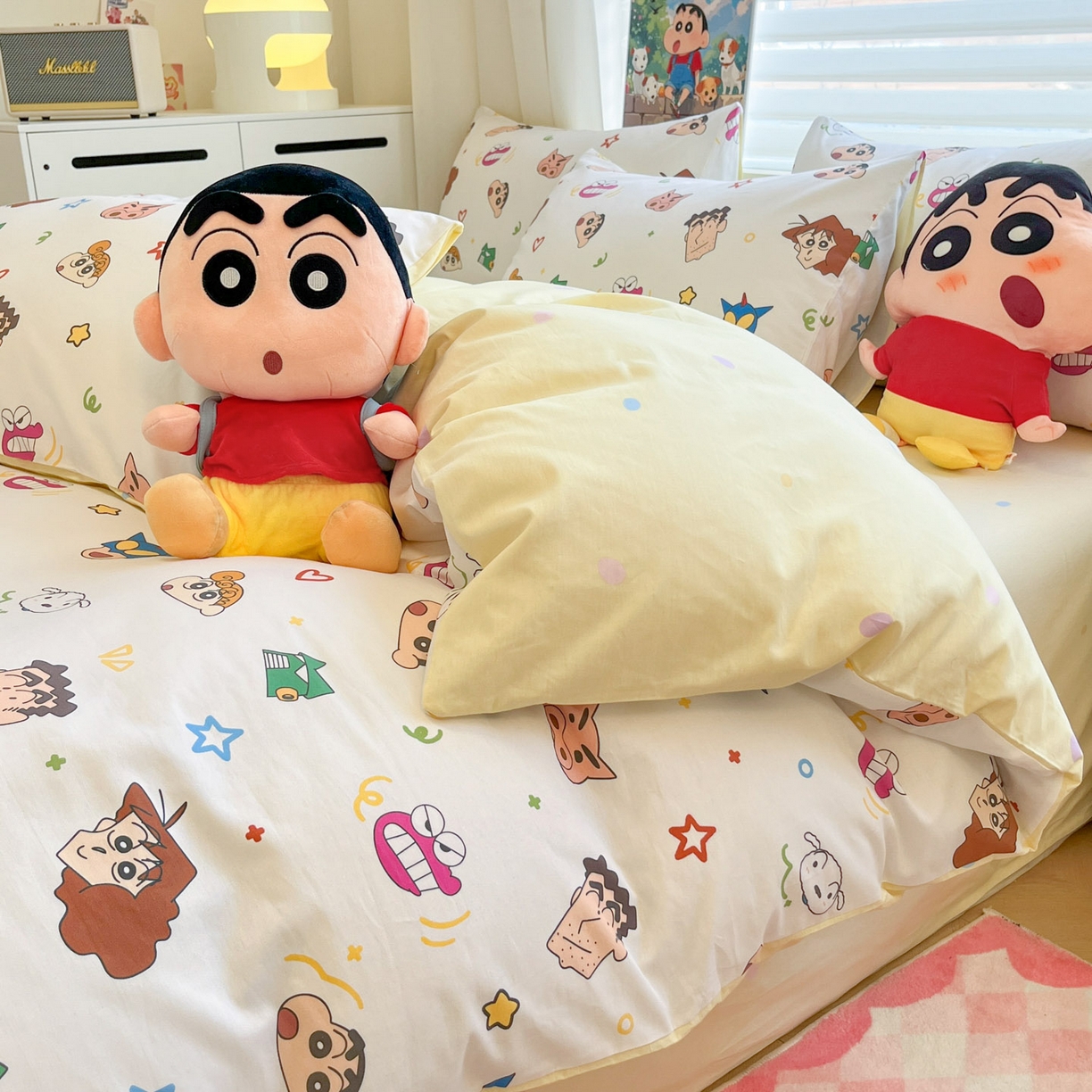 91家纺网 家纺一手货源 找家纺 暮思家居 2026新款正版授权蜡笔小新全棉纯棉四件套系列 幸运小新