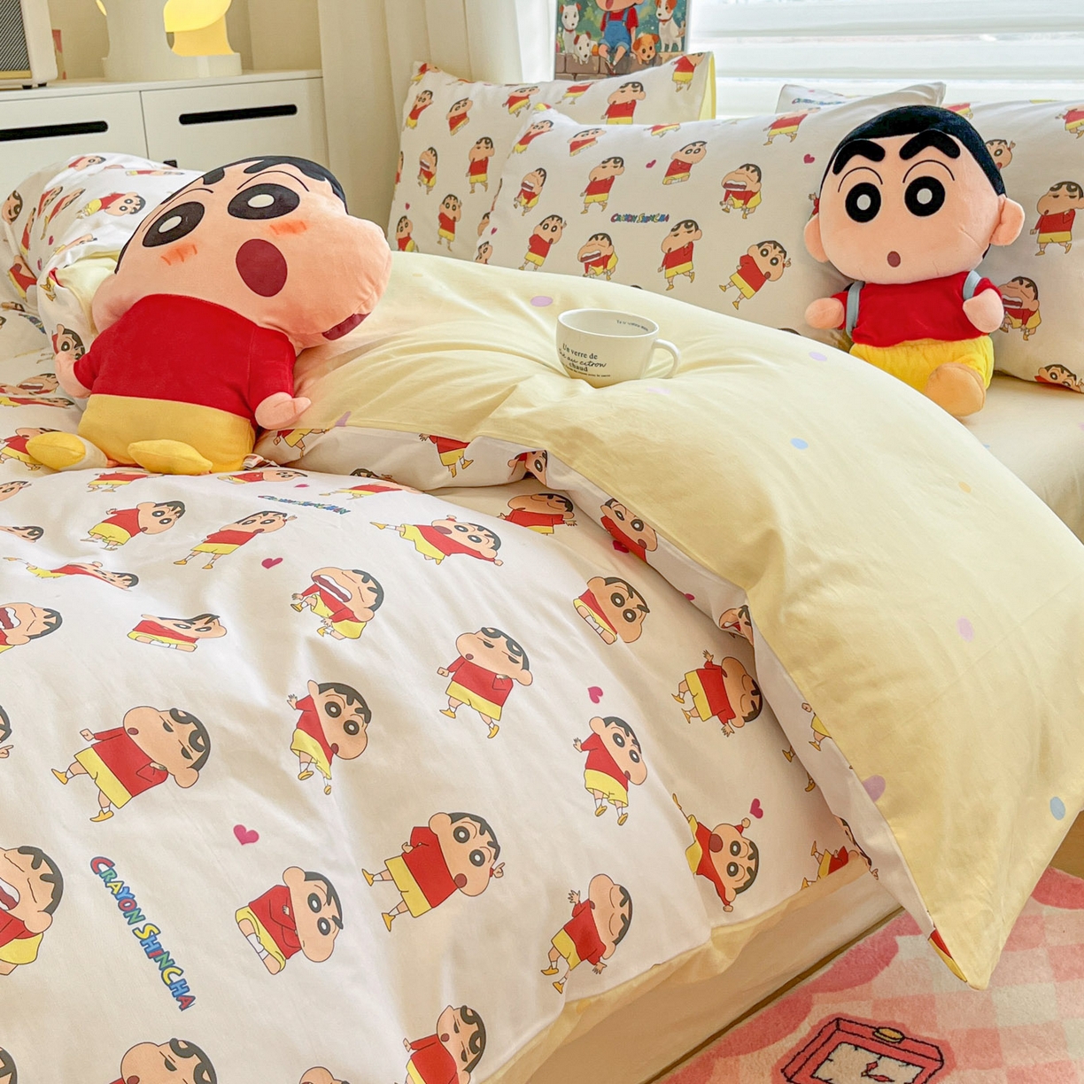 91家纺网 家纺一手货源 找家纺 暮思家居 2026新款正版授权蜡笔小新全棉纯棉四件套系列 搞怪小新