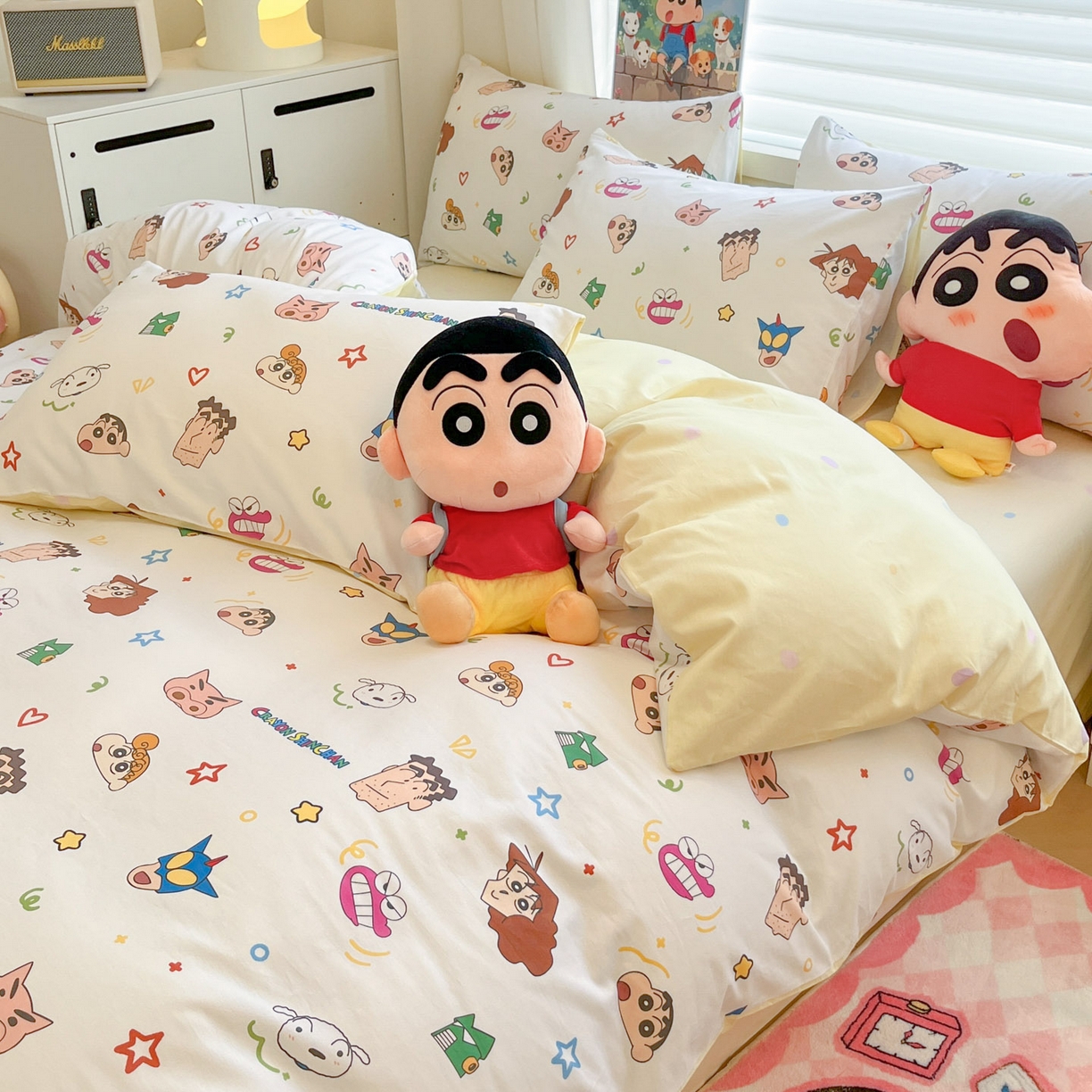 91家纺网 家纺一手货源 找家纺 暮思家居 2026新款正版授权蜡笔小新全棉纯棉四件套系列 幸运小新