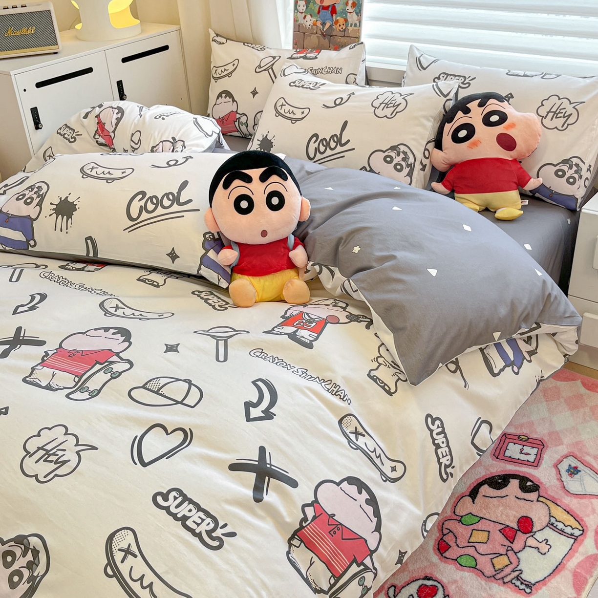 91家纺网 家纺一手货源 找家纺 暮思家居 2026新款正版授权蜡笔小新全棉纯棉四件套系列 音乐小新