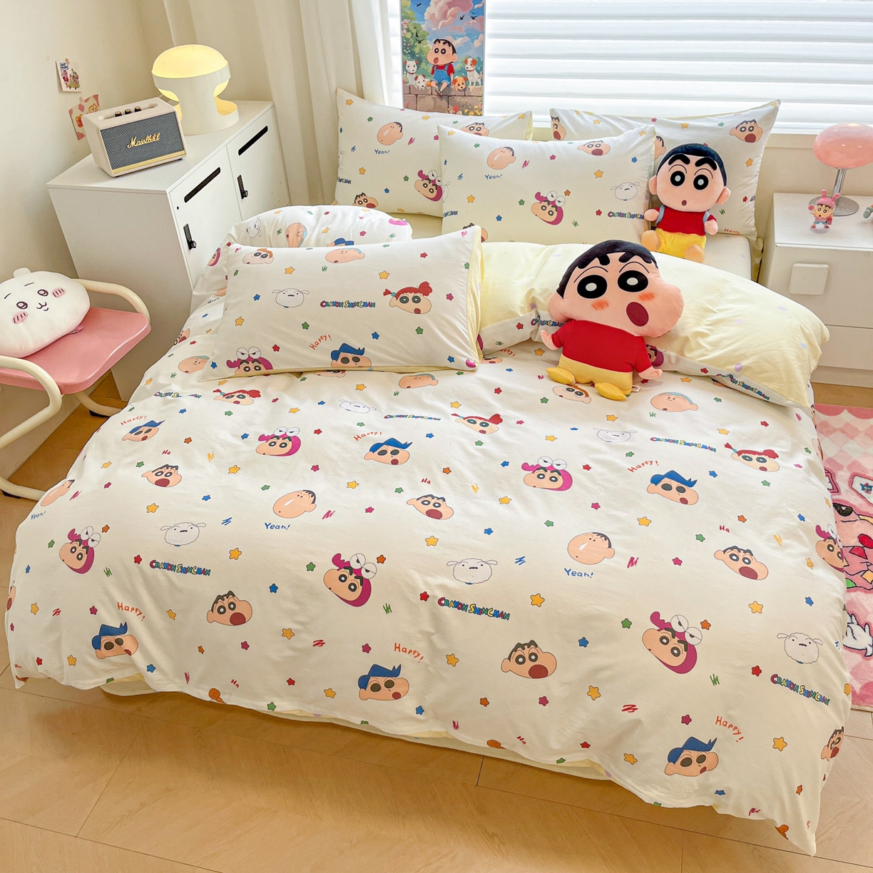 91家纺网 家纺一手货源 找家纺 暮思家居 2026新款正版授权蜡笔小新全棉纯棉四件套系列 派对小新