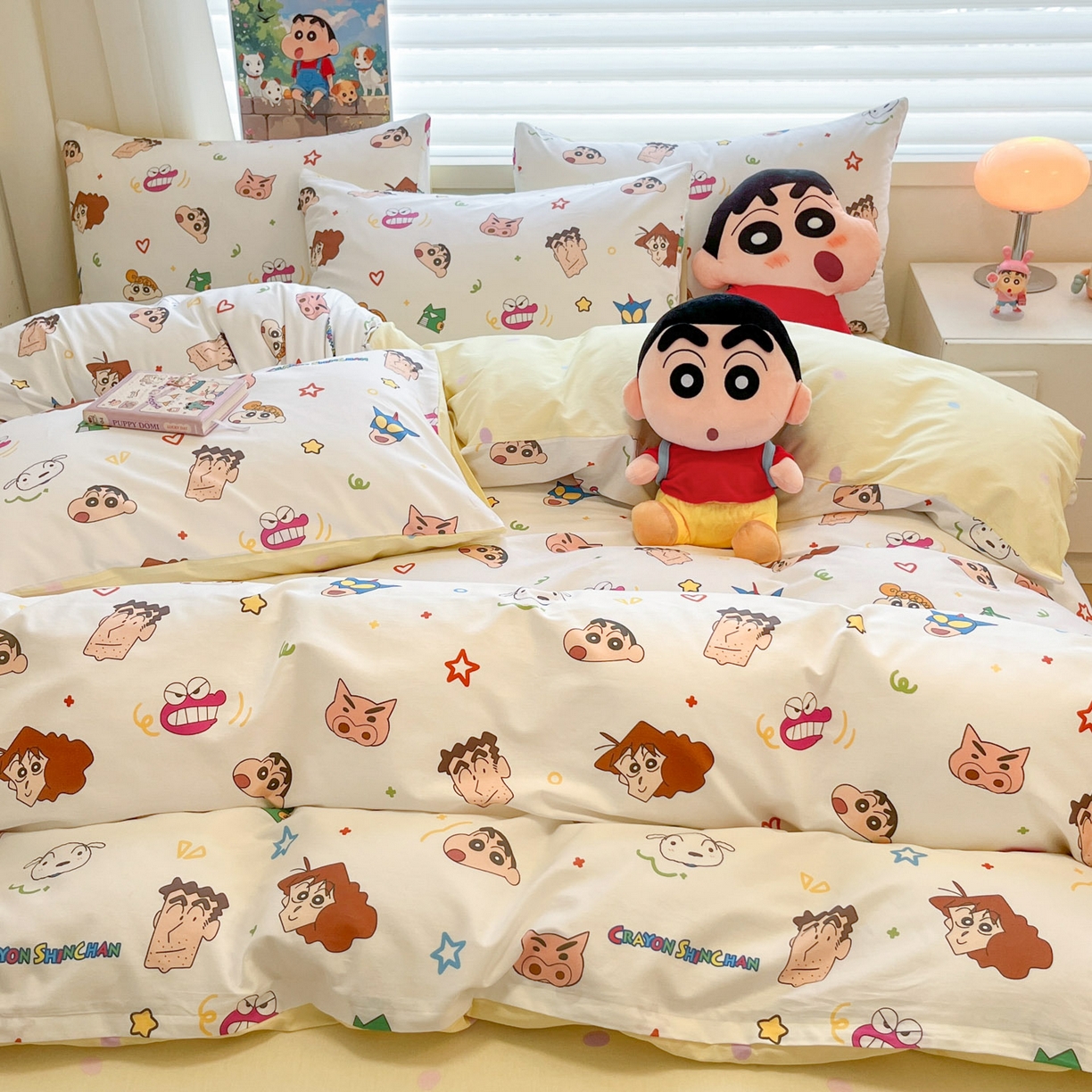 91家纺网 家纺一手货源 找家纺 暮思家居 2026新款正版授权蜡笔小新全棉纯棉四件套系列 幸运小新