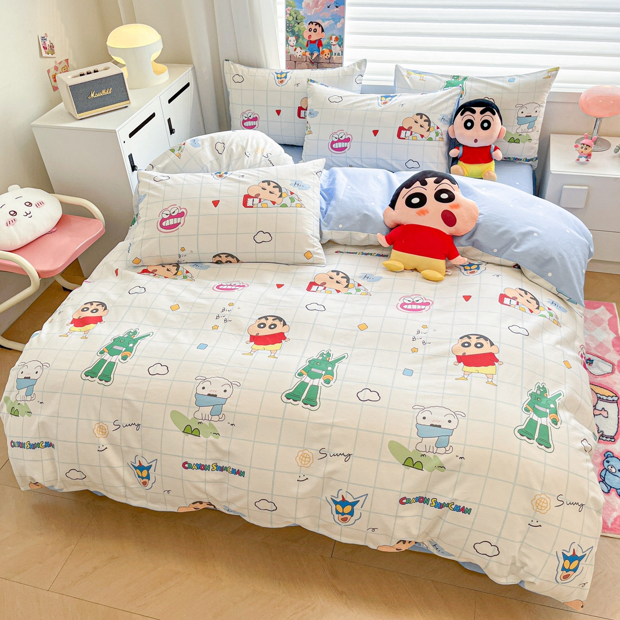 91家纺网 家纺一手货源 找家纺 暮思家居 2026新款正版授权蜡笔小新全棉纯棉四件套系列 休闲小新