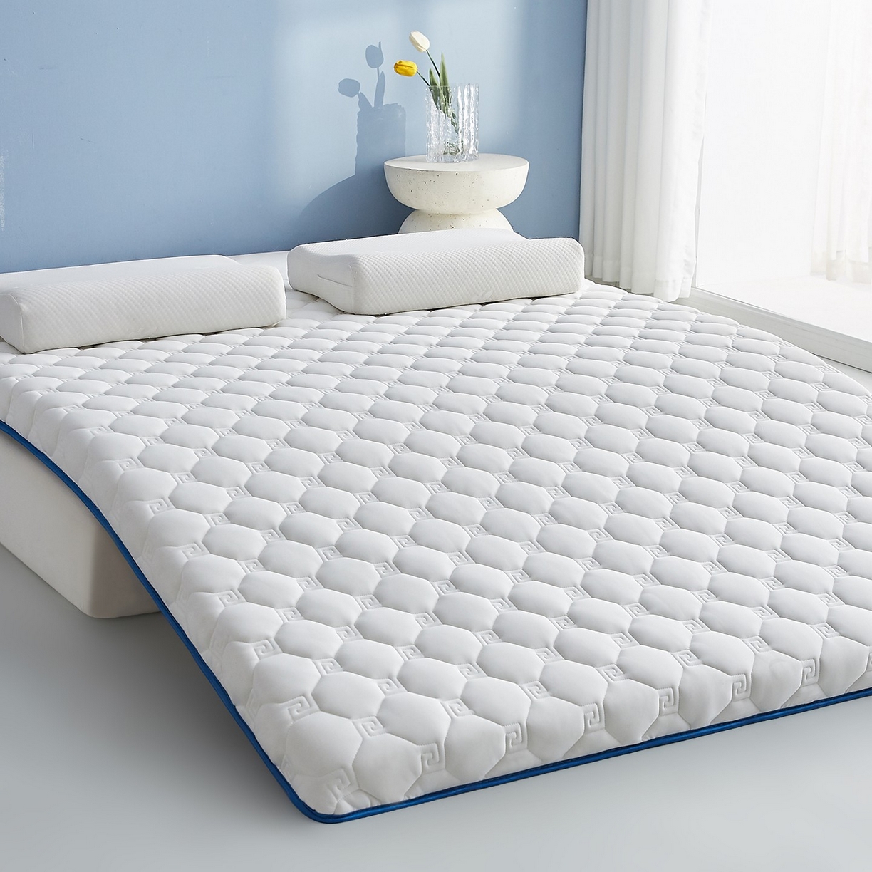 91家纺网 家纺一手货源 找家纺 月茶家纺 2026新款大豆纤维单边回字格床垫 回格白