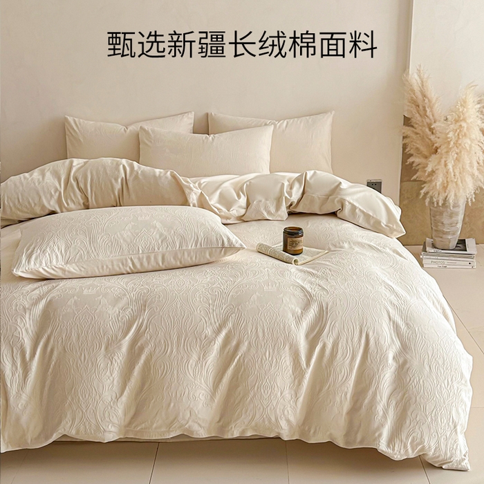 91家纺网 家纺一手货源 找家纺 眠博士 2026新款全棉纯棉水洗立体提花四件套 冠马踏云-奶白