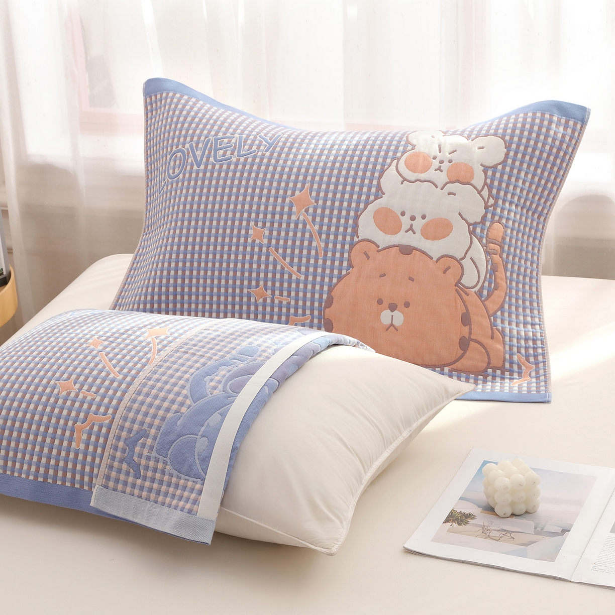 91家纺网 家纺一手货源 找家纺 娇兰毛巾 2026新款全棉抗菌纱布加双绑带枕巾 蓝猫