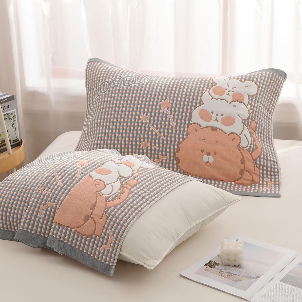 91家纺网 家纺一手货源 找家纺 娇兰毛巾 2026新款全棉抗菌纱布加双绑带枕巾 灰猫