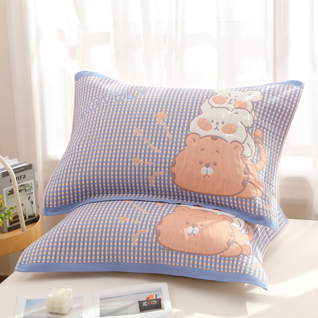 娇兰毛巾 2026新款全棉抗菌纱布加双绑带枕巾 蓝猫